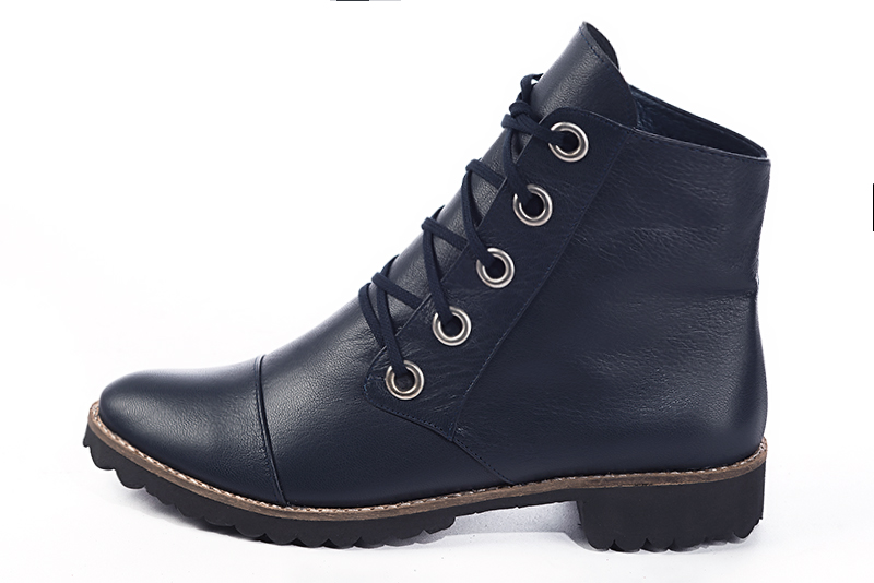Navy blue women's ankle boots with laces at the front. Round toe. Flat rubber soles. Profile view - Florence KOOIJMAN